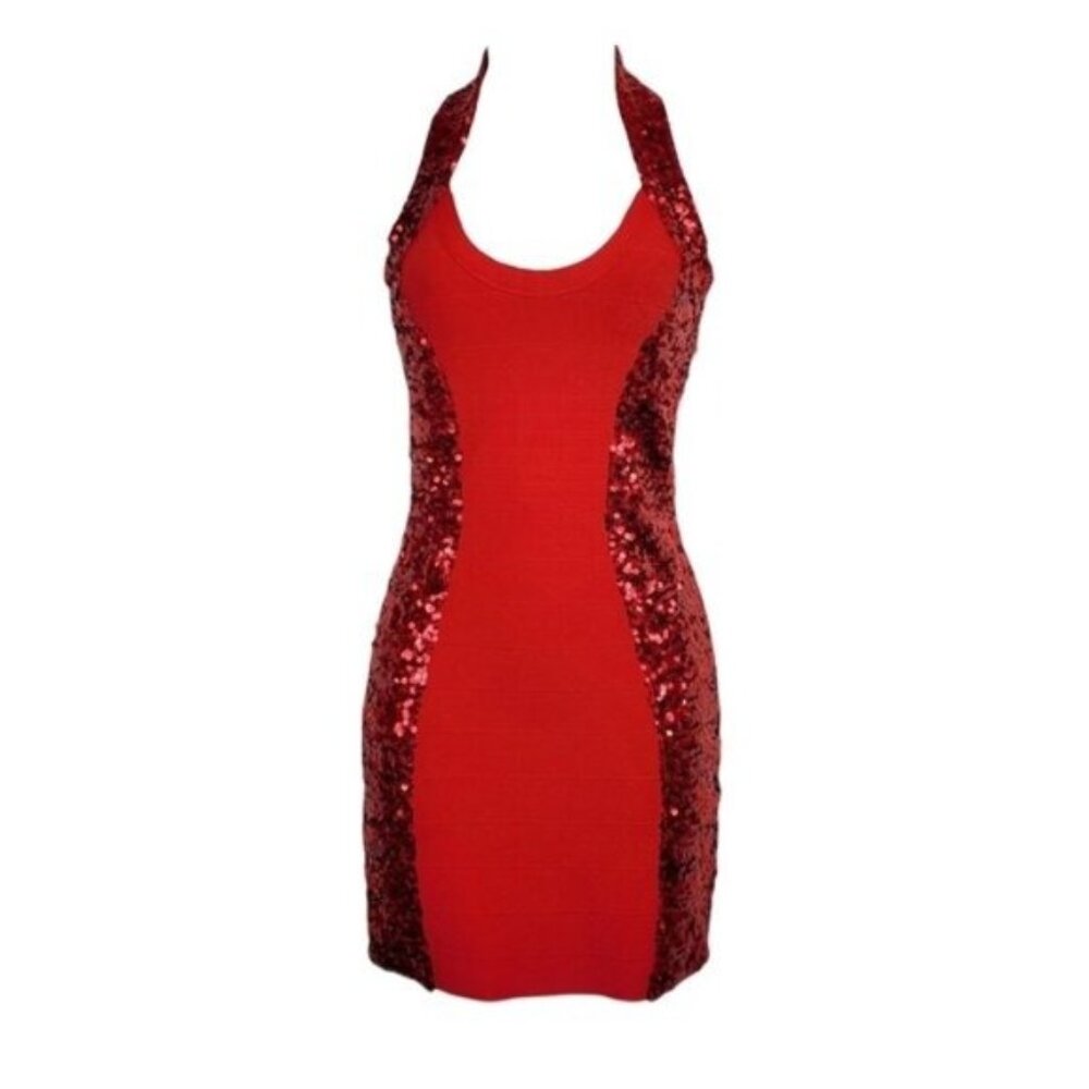 Guess Womens Sleeveless Red Halter Neck Sequin Bandage Bodycon Dress Size XS